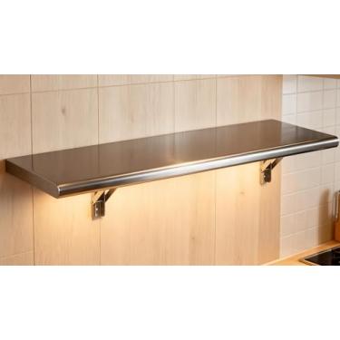 Imagem de Prateleira de concessão 91 cm C x 30 cm L, prateleira dobrável de aço inoxidável ASTM 304 calibre 22, prateleira de aço inoxidável para food truck, churrasqueira, mesa de trabalho para churrasco,