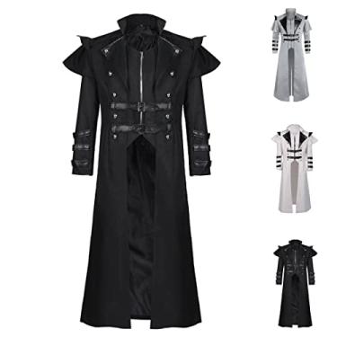 Imagem de FMMOEK Fantasias Medievais Steampunk Casaco Trench Coat Gótico Vitoriano Vintage Casaco Masculino Trespassado com Zíper, Preto - 1, GG