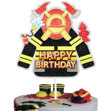 Imagem de Topo de bolo de feliz aniversário de combate a incêndio roupas de combate a incêndio decoração de bolo hidrante capacete de bombeiro tema para meninos homens decorações de festa de aniversário