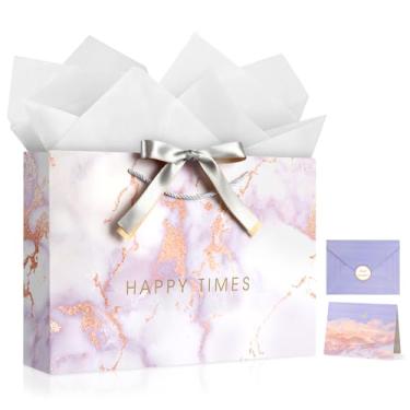 Imagem de YoungTree Saco de presente grande com papéis de seda e 1 cartão de felicitações fita de 2 cores, bolsa de presente de aniversário de papel portátil com alças, sacos de presente para lembrancinhas de