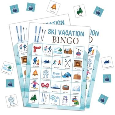 Imagem de DRWJPAT Jogo de bingo de férias de esqui, jogos de festa de viagem de esportes de inverno para adultos, cartas de jogo de bingo de esqui para atividades de amigos em família em grupo grande