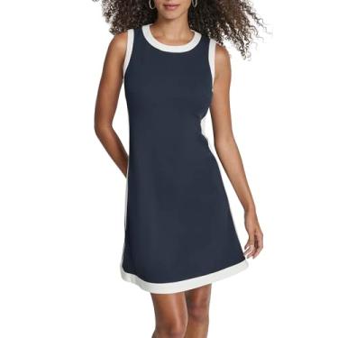 Imagem de DKNY Vestido feminino sem mangas com gola redonda colorida acima do joelho, Azul-marinho/creme, 36