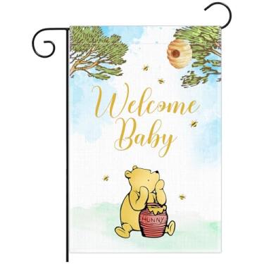 Imagem de Bandeira Winnie Welcome Baby Garden, Winnie Home Baby Boy Girl Garden, Pooh Sinal de anúncio de nascimento recém-nascido, Pooh Welcome Home Babies Yard Banner, bandeiras de dupla face, decoração de
