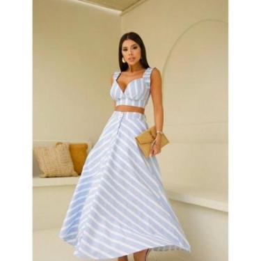 Imagem de CONJUNTO FEMININO SAIA LONGA LISTRADA PLISSADA E CROPPED LAÇO ALFAIATARIA DE LINHO-Feminino