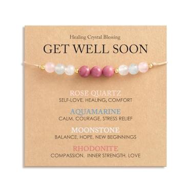 Imagem de HGDEER Pulseira feminina de cristal de cura para presente Get Well Soon ¨C Quartzo rosa natural água-marinha pedra da lua rodonita pulseira ajustável joia com cartão de incentivo, One Size, Sem Pedra
