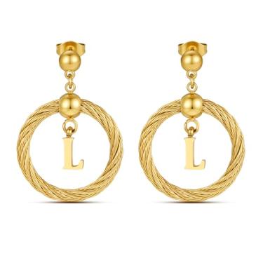 Imagem de Xiacheng Brincos de argola de ouro 18 quilates com inicial de aço inoxidável, hipoalergênicos, presentes modernos para mulheres, declaração delicada, pingente de letra A-Z, joia à prova d'água, Medium