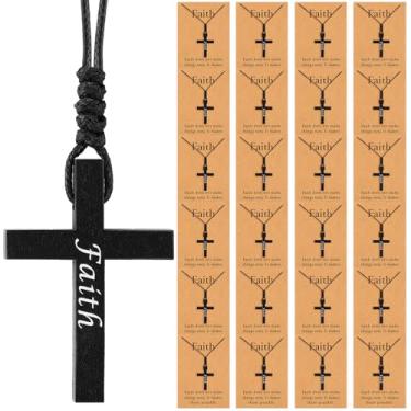 Imagem de Misdary Colares de cruz de fé de madeira com cartões, crucifixo a granel em cordão, pingente de cruz de madeira, versículo bíblico, cartão religioso, joias cristãs para homens, mulheres, igreja