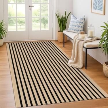 Imagem de KOZYFLY Tapete listrado marrom e preto, 1,2 x 1,8 m, lavável, interior, exterior, tapete de porta de algodão para porta dupla de entrada, pátio, varanda, sala de estar