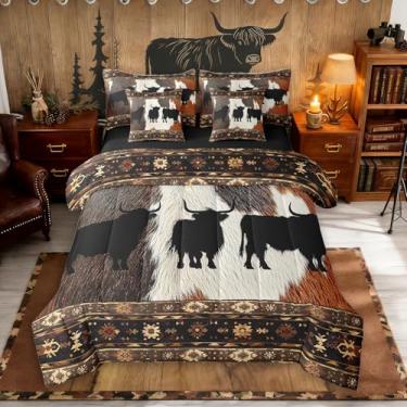 Imagem de Erosebridal Jogo de cama de casal de vaca Highland com 7 peças, geométrico, asteca, animais de fazenda, animais de fazenda, com edredom longo, touro, caubói, decoração ocidental para casa