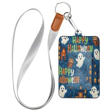 Imagem de Wassud Porta-crachá de couro PU Boo-boos Halloween Houses com cordão, porta-cartão de identificação para trabalho, cordão de pescoço com compartimentos para cartões de crédito, funcionários