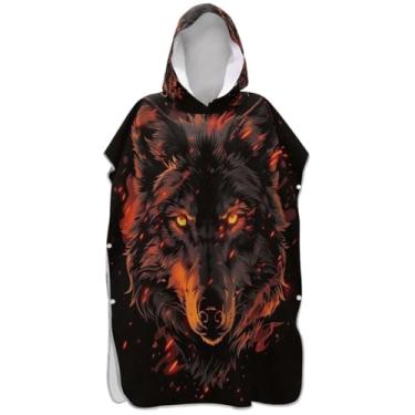 Imagem de Joisal Fiery Wolf Poncho de surf preto para adultos trocador de roupas de banho com capuz toalhas absorventes femininas ponchos com capuz
