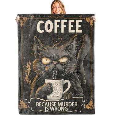 Imagem de MIEPOS Cobertor engraçado de café preto para gatos, 152 x 203 cm, flanela macia e leve, gato gótico rabugento com caneca e cobertores de citação sarcástica, presentes para adultos, para sofá