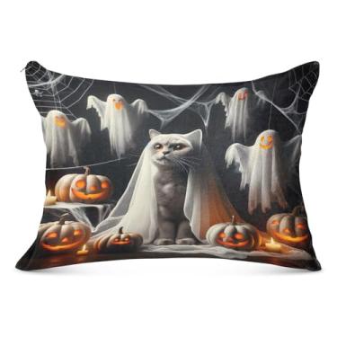 Imagem de Capa de travesseiro de Halloween Cat Pumpkins Queen Size 50 x 101 cm respirável com zíper, capa de travesseiro corporal para cama sofá casa