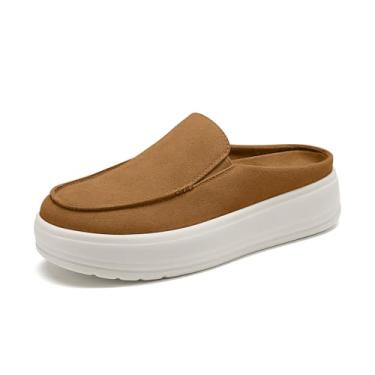 Imagem de Rihero Sapato feminino sem cadarço plataforma confortável espuma viscoelástica leve bico redondo tamancos para trabalho e caminhada, Bronzeado, 36