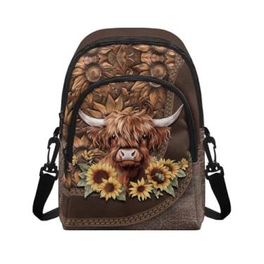 Imagem de COEQINE Bolsas transversais pequenas para designer de viagens marrom bolsa de ombro para celular bolsas de férias para presentes de Natal, Highland Cow Girassol Multi