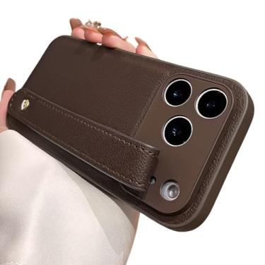 Imagem de Capa de couro resistente a impactos com alça de pulso de luxo para iPhone 17 Pro, 16, 15, 14, 13, 12 e 17 Pro Max, cor lisa, macia, marrom escuro, para iPhone 13.