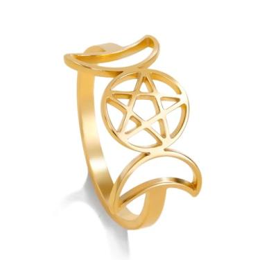Imagem de Anel de aço inoxidável Deusa da Lua Tripla Amuleto Wicca Pentagrama Joia Pagã para Mulheres, 6, Metal, Zircão