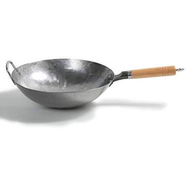 Imagem de Conjuntos de panelas Woks Wok de ferro tradicional artesanal grande wok e cabo de madeira antiaderente Wok panela a gás panela de cozinha (tamanho: 32 cm)