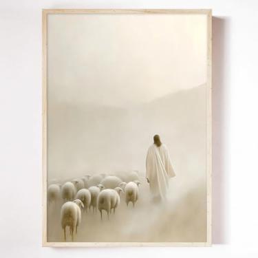 Imagem de Jesus With Flock Of Sheep Wall Art Vintage Christian Artwork Flock Of Sheep Picture Vintage Bible Posters Abstract Jesus Canvas Abstract Christian Painting Religious Prints Room 40 x 61 cm sem moldura