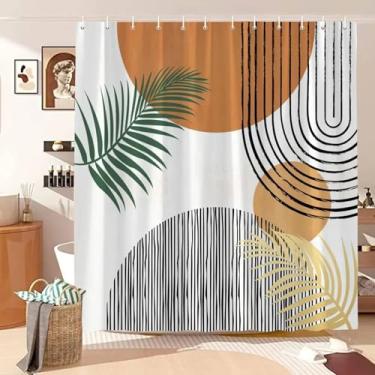 Imagem de Cortina de chuveiro vintage com padrão de meados do século, linhas abstratas, folhas de sol, cortina de chuveiro de poliéster boêmio, ganchos para decoração de banheiro 47 x 91 pol. x 120 x 230 cm/LxA