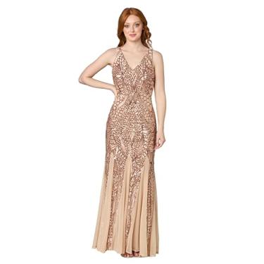 Imagem de NIGHTWAY Vestido feminino longo sem mangas com contas - Vestido formal elegante com decote em V e costas em V com inserções de malha Godet, Ouro rosa, 42