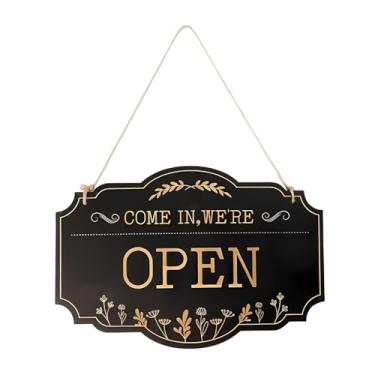 Imagem de Hamosky Placa de porta aberta dupla face, placa de porta, placa de porta de madeira pintada à mão com design vintage, placa de porta aberta, preto e dourado, 30 x 20 cm, para loja de negócios e