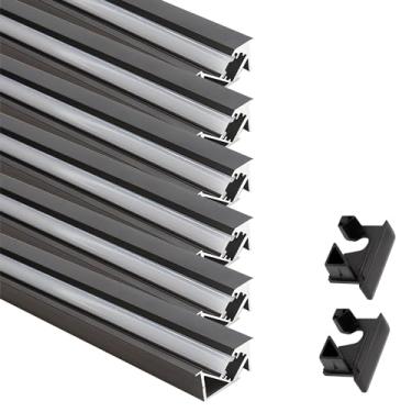 Imagem de JARBIH Perfis de alumínio embutidos de LED de 1 m, 6 pacotes de luz de armário invisível com feixe oblíquo de 45º em forma de YW, barra de luz rígida para armário de vinho com cobertura leitosa (preto