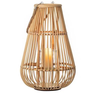 Imagem de Vintiquewise Suporte de vela de bambu tecido à mão com inserção de vidro e alça de corda – Lâmpada suspensa ou de mesa com design de casa de fazenda para prateleiras de decoração de casa interna e