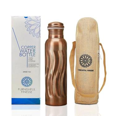 Imagem de FURNISHFUL FINESSE Garrafa de água de cobre para beber garrafa de cobre puro de 1000 ml com bolsa de transporte para esportes, ioga, garrafas ayurvédicas para academia, escritório, caminhadas - pacote
