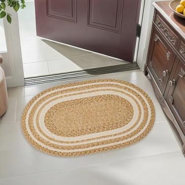 Imagem de RCTJHOME Tapete de entrada trançado oval de 6 cm x 7 cm, tapete de cozinha e piso de fazenda para uso interno/externo, tapete de porta com almofadas antiderrapantes para áreas de alto tráfego, tapete