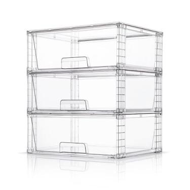 Imagem de XWYWX Gavetas de armazenamento grandes empilháveis (pacote com 3), caixas organizadoras de plástico transparente multiuso com alças, fácil de montar para banheiro, armário de casa, sob a pia, despensa