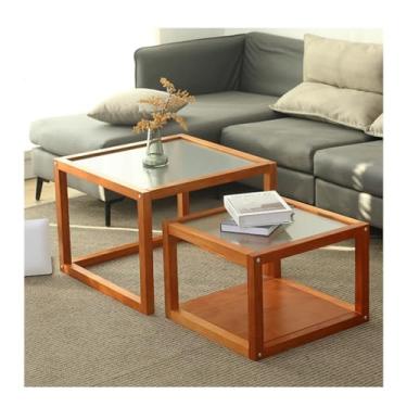 Imagem de Mesa central de madeira maciça mesa de centro moderna simples pequena apartamento quadrado mesa lateral quadrada japonesa mesa lateral sala de estar combinação de troncos mesa de quarto