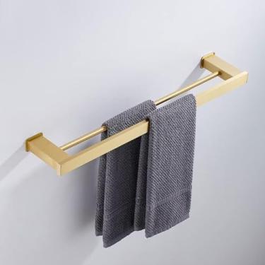 Imagem de 3FLQOOPP Toalheiro de banho leve luxuoso dourado escovado alumínio espacial, barra de toalha de banheiro, toalheiro de banheiro, suporte de toalha de prateleira suspensa de haste dupla