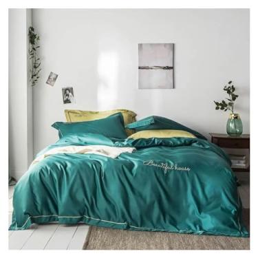 Imagem de Conjunto de lençóis de cama de cetim rayon com bordado verde escuro sólido moderno, lençol de cama queen king, cama de luxo em uma bolsa (queen verde)