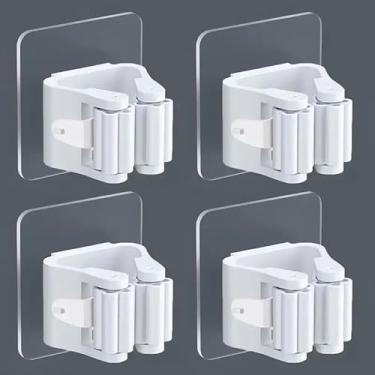 Imagem de Pacote com 4 suportes de esfregão e vassoura montados na parede, clipes adesivos sem broca, rack de armazenamento que economiza espaço para casa de banho, organização doméstica, branco