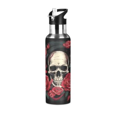 Imagem de Wassud Garrafa de água caveira com rosas vermelhas garrafa de água esportiva de aço inoxidável com canudo garrafas de água isoladas copo portátil de viagem 946 ml