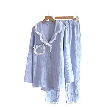 Imagem de HHHJQFAAT Pijama feminino feminino primavera outono conjunto de pijama renda virada para baixo gola 2 peças roupa de dormir doméstica (azul grande)