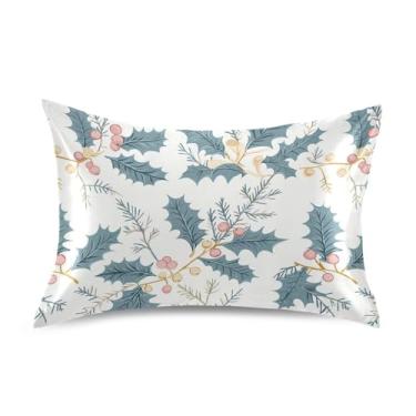 Imagem de Wassud Fronha de cetim para cabelo e pele Natal folhas de azevinho fronhas de seda macia queen size capas de travesseiro respiráveis com fecho de envelope