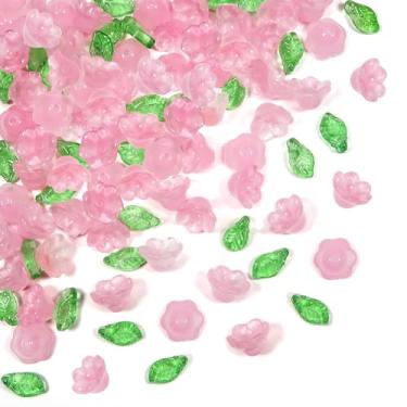 Imagem de TOAOB 120 contas de flor de sino de vidro para fabricação de joias com furo 12 mm gradiente rosa trompete flor e contas de folha verde para projetos de contas, pulseiras faça você mesmo, colares