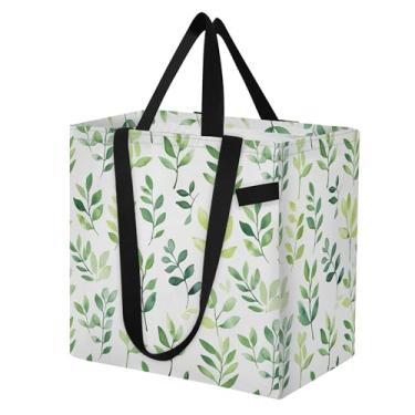 Imagem de SEHANY Sacolas de compras reutilizáveis de folhas verdes com alças reforçadas, bolsa de compras de lona dobrável à prova d'água de grande capacidade para viagem, cozinha, praia