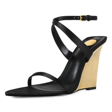 Imagem de CAGLGLZ Sandálias femininas de salto plataforma com tiras e bico aberto e pontiagudas, sandálias de salto com fivela, tira no tornozelo, salto alto, vestido de casamento sexy, Preto, dourado, 35