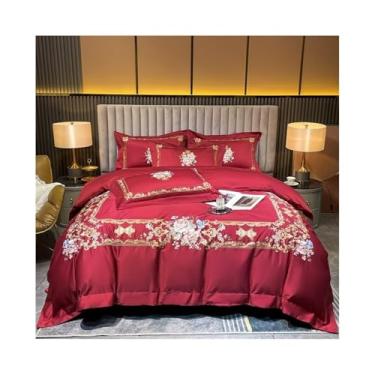 Imagem de x3anggyt5 Conjunto de capa de edredom com bordado floral, 4 peças, estilo palácio europeu, capa de cama plana/ajustada (vermelho, lençol com elástico 1,8 mBed)