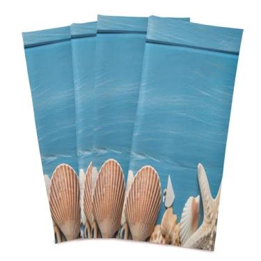 Imagem de Wassud Toalhas de cozinha de madeira azul com estrela do mar panos de prato de cozinha pacote com 4 panos de prato macios com laço para pendurar toalha de mão de secagem rápida super absorvente