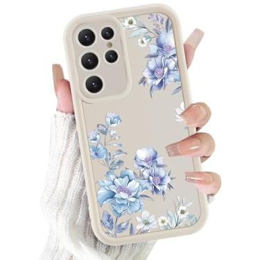 Imagem de Vulfwela Linda capa de telefone azul rosa flor para Samsung Galaxy S25 Ultra 5G capa de 6,8 polegadas, estética moderna padrão floral à prova de choque TPU macio capa protetora para lente de câmera