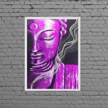 Imagem de Quadro Decorativo Buda Roxo 24X18Cm - Madeira Branca - Quadros On-Line