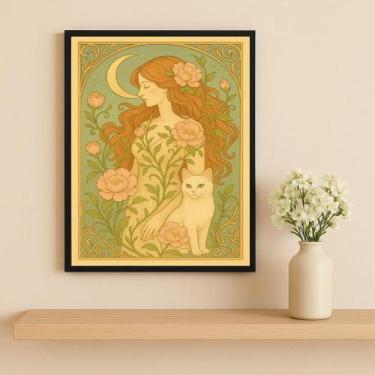 Imagem de Quadro Mulher E Gato Art Nouveau 24X18Cm Mold Preta - Quadros On-Line