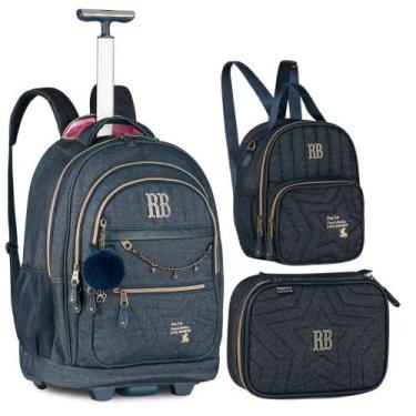 Imagem de Kit Mochila Rodinha Jeans Rb Rebecca Bonbon Estojo Lancheira - Clio St