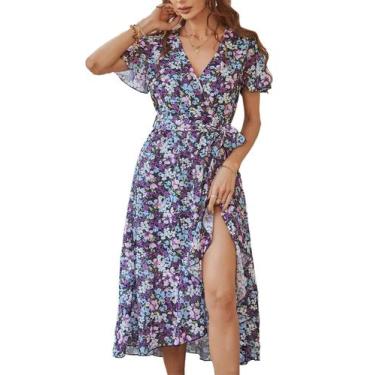 Imagem de Vestido Maxi PRETTYGARDEN con Estampado Floral Morado, Escote en V Cru