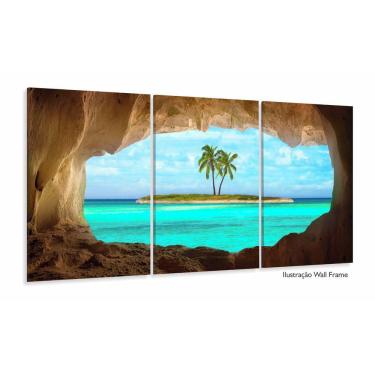 Imagem de Quadro Decorativo Praia Ilha Azul 120x60 3 peças em tecido
