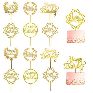 Imagem de Conjunto de topo de bolo de acrílico com 12 peças, BetterJonny com glitter de dupla face para feliz aniversário, decoração de aniversário para crianças e adultos